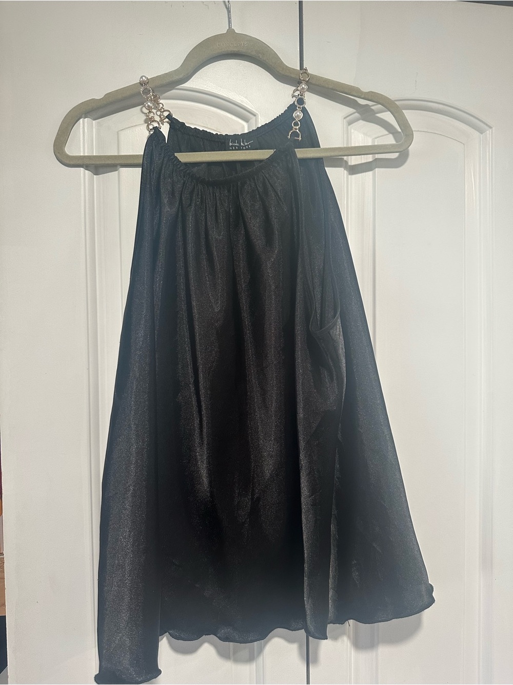 Nicole Miller Black Satin Halter Tank with Chain Strap Accents